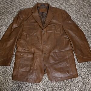 Stafford Blazer Mens Large Brown Leather Three Button Notch Lapel Jacket